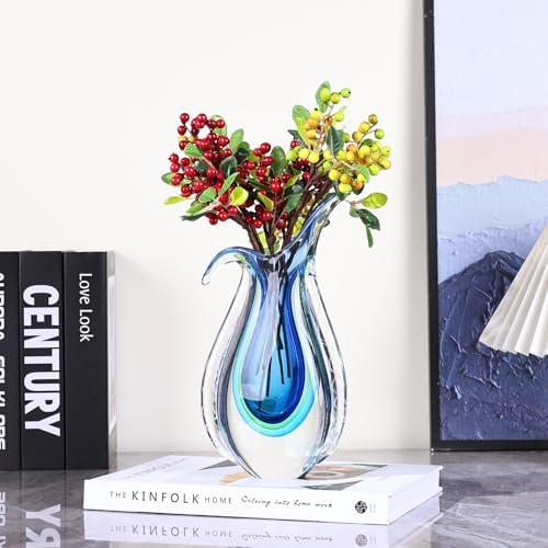 Blue Hand Blown Glass Vase – Oval Decorative Art Glass for Centerpieces, Murano Inspired Decor for Dining Room, Entryway Table, or Shelf, Handmade Glass Vase for Home Display (Blue Green) - Image 7