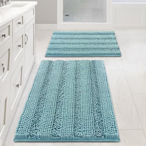 H.VERSAILTEX Extra Thick Chenille Striped Pattern Bath Rugs for Bathroom Non Slip - Soft Plush Shaggy Mats for Floor, Indoor, Entryway (Aqua Haze, 32 x 20 Plus 24 x 17 - Inches) by HVERSAILTEX