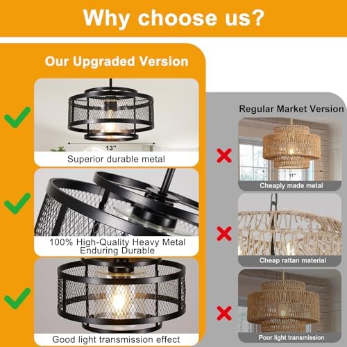 13" Dining Room Light Fixture/Chandelier Over Table, No Assembly Required Modern Black Pendant Light Fixtures, Industrial Hanging Pendant Lights Fixture for Kitchen Island Dining Room Hallway Entryway - Image 7