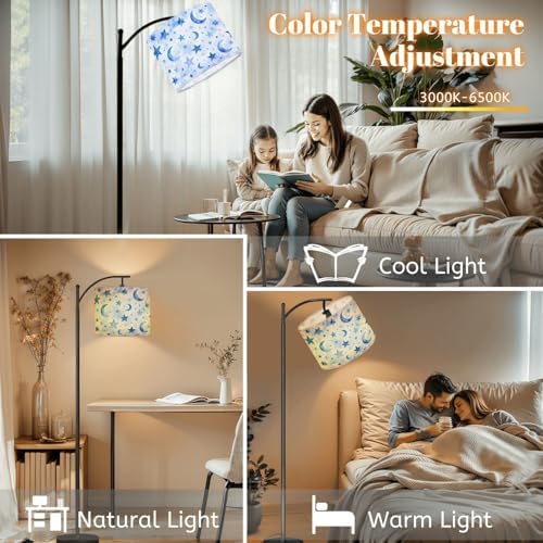 Arc Floor Lamp Blue Starry Sky Crescent Moons Dots Watercolor Style Dimmable Modern Standing Lamp with Remote Adjustable Drum Shade Footswitch Tall Pole Lamp for Living Room Bedroom - Image 5