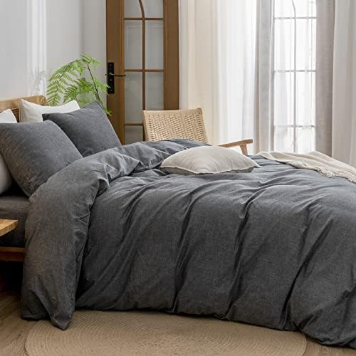 BESTOUCH Cotton Solid Duvet Cover Set Linen Feel Dark Black Queen - Image 3