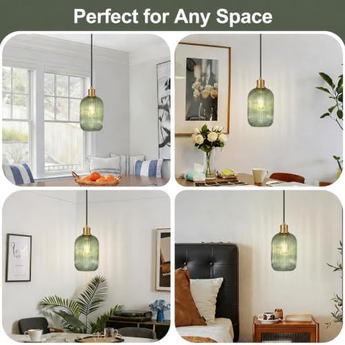 2 Pack Pendant Lights with Vintage Green Ribbed Glass Lampshade, Adjustable Brushed Gold Pendant Lights Fixtures for Kitchen Island Lighting Sink, Dining & Living Room Hallway (Bulbs Not Included) - Image 4