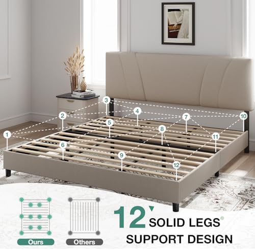 Novilla King Size Bed Frame with Adjustable Headboard Platform King Bed Frame Linen Fabric Upholstered Headboard, No Box Spring Needed, Noise-Free, Wooden Slats Support, Easy Assembly, Beige - Image 5