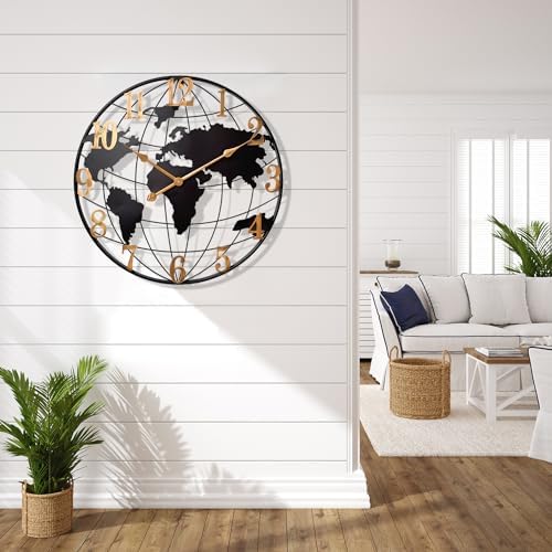 Large World Map Wall Clock Metal Minimalist Modern Round Silent Wall Decor - Image 6
