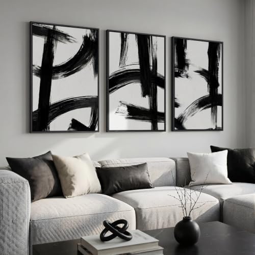 Large Framed Black and White Modern Abstract Wall Art Set, 3 Piece 24x36 In - Image 2
