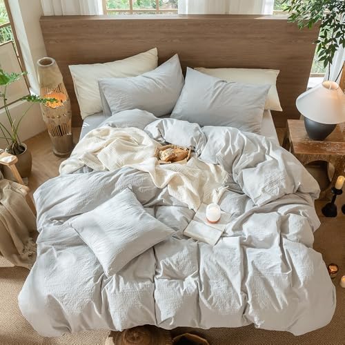 MooMee Wavy Striped Duvet Cover Set 100% Washed Cotton Linen Like Textured Breathable Durable Soft Comfy (Light Grey, Palatial King/Oversized King 120"x98") - Image 4