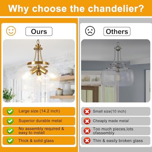Modern Pendant Lights Kitchen Island, 3-Light Brushed Gold Pendant Light Fixtures with 14.2" Clear Glass Shade, Industrial Hanging Pendant Lights Fixture for Kitchen Island Dining Room Entryway Foyer - Image 2