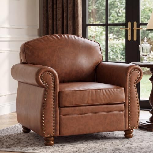 Vintage Oversized Faux Leather Chair for Living Room, 41.3", Caramel by LANDASSYHOME