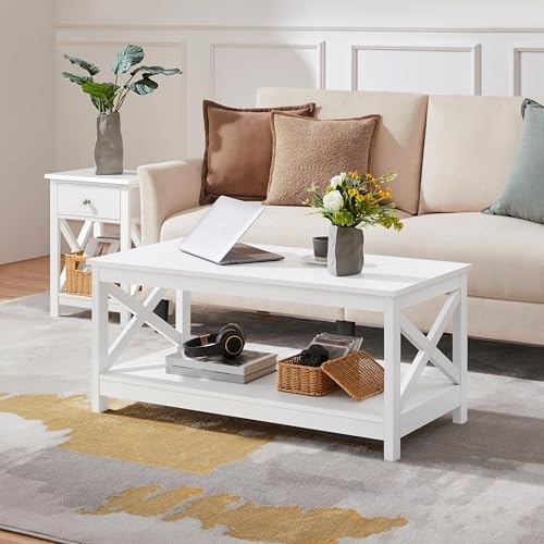 Yaheetech White Coffee Table for Living Room, X-Design Storage Shelf, 39.5" - Image 3