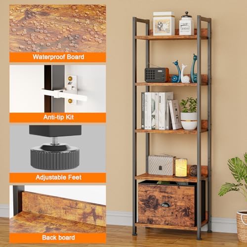 Furologee 5 Tier Bookshelf with Drawer, Tall Narrow Bookcase with Shelves, Wood and Metal Bookshelves Storage Organizer, Industrial Display Standing Shelf Unit for Bedroom, Living Room, Rustic Brown - Image 4