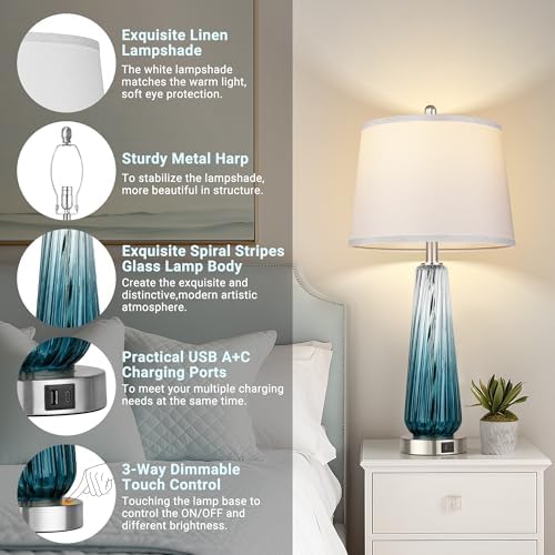 Glass Table Lamps for Living Room, Modern Bedside Lamps with USB A+C Ports, 3-Way Dimmable Touch Control Nightstand Lamp with White Linen Shade, 27.5" Large Lamps for Bedrooms Decor, Teal, 1 Pack - Image 3
