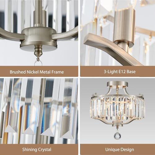 Brushed Nickel Crystal Semi Flush Mount Ceiling Light Fixture Modern Farmhouse Small Chandelier 3-Light Round Crystal Mini Chandelier for Dining Room Entryway Hallway Kitchen Bedroom Foyer - Image 4