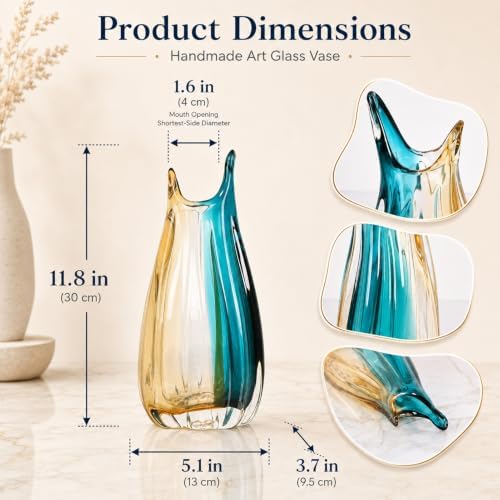 Hand Blown Teal Amber Colorblock Glass Vase, Modern Home Table Centerpiece - Image 4