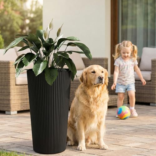 24" Tall Round Planters for Outdoor Plants Fluted Finishes - Black - Image 6