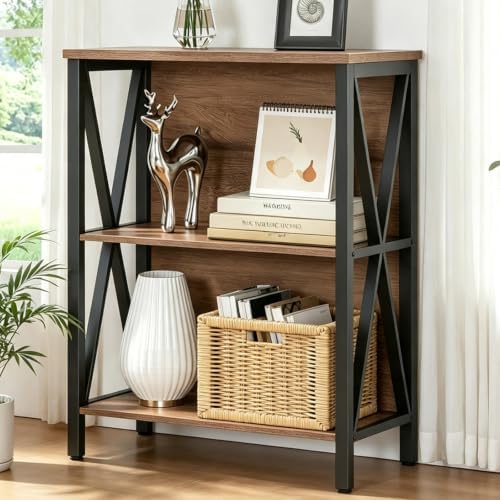 HOMISSUE Book Shelf, 3 Tier Long Bookshelf with Storage, Engineered Wood and Metal Shelf Bookcase, Low Short Bookcases for Small Space, Living Room, Bedroom, Office, Rustic Brown by Homissue