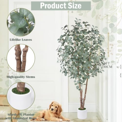 6FT Faux Eucalyptus Tree with White Pot for Indoor Outdoor Decor - Image 2