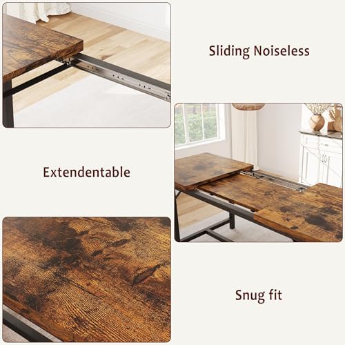IDEALHOUSE 3 Piece Dining Table Set for 4-6, 63" Extendable Thick Metal Frame Kitchen Table with 2 Upholstered Benches Set for 6, Rectangle Wooden Dinette Table Set for Dining, Apartment, Retro Brown - Image 3