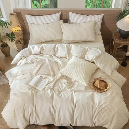 MooMee Striped Duvet Cover Set 100% Washed Cotton Linen Like - Image 5