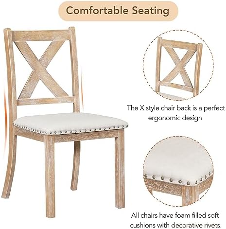 Farmhouse 6-Piece Extendable Dining Room Table Sets, Acacia Wood 82'' Dining Table with 2 Removable Leaf and Upholstered Dining Chairs& Bench, Soft Cushion with Rivet (Natural+Be) - Image 7