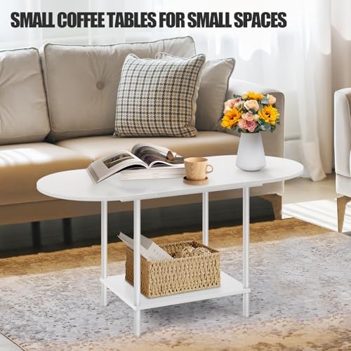 White Coffee Tables for Living Room,Mid Century Oval Center Table with Storage Shelf and Wood Tabletop,2-Tier Modern Narrow Cocktail Tea Table for Small Space,Small Apartment - Image 4
