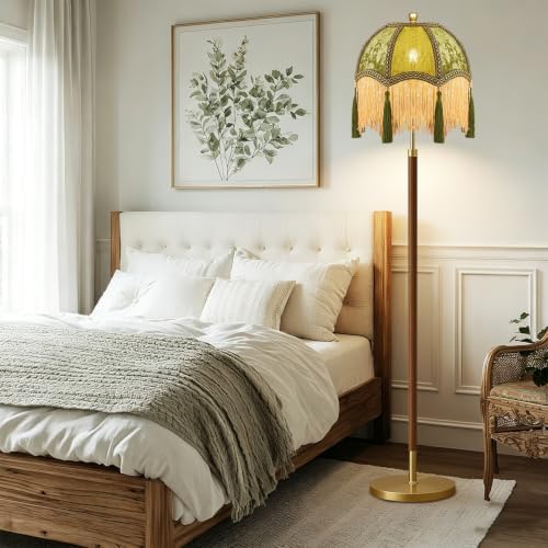 Vintage Floor Lamp For Living Room,Remote Dimmable Wood Gold Standing Lamps With Victorian Fringe Green,Retro Corner Tall Floor Light For Bedroom,Office,Boho Farmhouse Mid Century Modern Decor - Image 6
