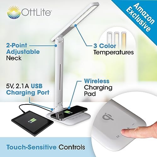 OttLite Charge Up LED Task Lamp with USB and Wireless Charging, White - Image 2