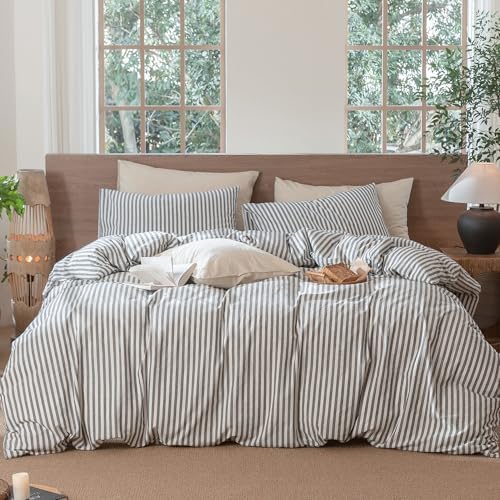 MooMee Striped Duvet Cover Set 100% Washed Cotton Linen Like Queen by MOOMEE