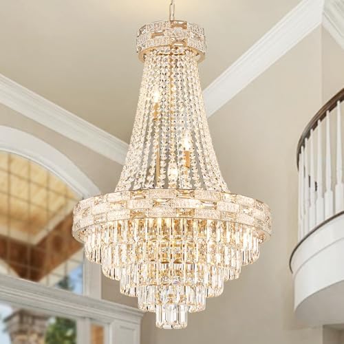 12-Light Gold Crystal Chandeliers,Empire Chandelier Light Fixture Modern High Ceiling Hanging Chandelier for Entryway,Foyer,Staircase,Hallway,Living Room(H36 x D23.2) by SHAOCHIAO