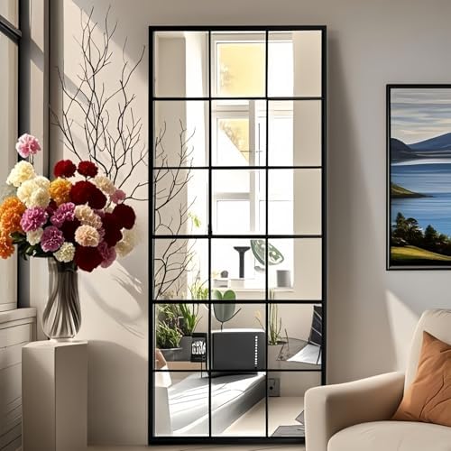 Dewfig Windowpane Full Length Mirror, 65"x 24" Floor Standing Mirror, Black - Image 4