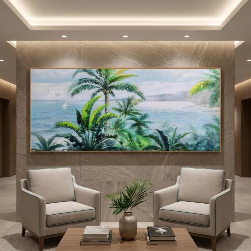 Anolyfi Palm Tree Picture Green Tropical Wall Art for Living Room Landscape Large Canvas Painting Nature Seascape Textured Artwork Framed Bedroom Kitchen Hallway Office Home Decor Framed 71"x32" - Image 6