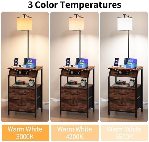 End Table with Floor Lamp, Nightstand with Charging Station, Floor Lamp Table with 3-Color Temperature Bulb, Bedside Table Night Stand with 2 Drawers for Bedroom, Living Room, Brown - Image 6