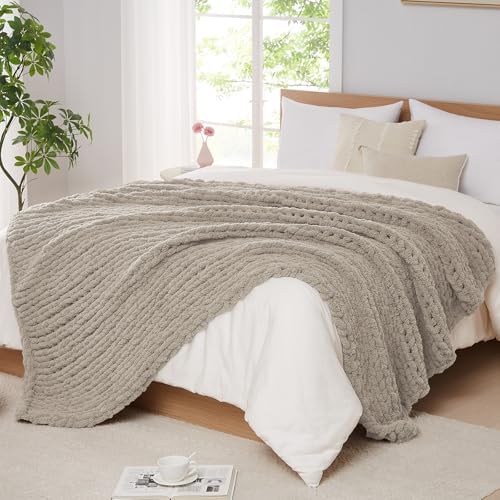 L'AGRATY Chunky Knit Throw Blanket for Couch, 60 x 80 Inches, Light Linen by LAGRATY