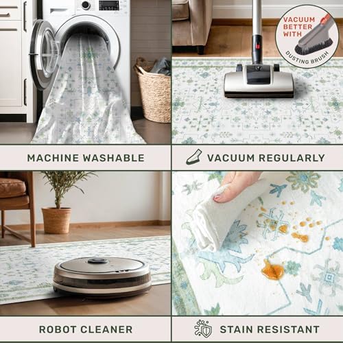 Hazo Haus Turkish 3x8 Wide Hallway Runner - Cream Green Oushak Boho Floral, Washable Low Pile Non Slip Stain Resistant Rug for Kitchen, Bathroom, Hall Way - Image 3
