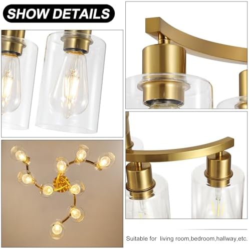 CNRATYE 9-Light Gold Glass Chandelier, Adjustable Height Dining Room Light Fixtures Over Table, Contemporary Hanging Chandelier for Kitchen Island Living Room Foyer Office, Clear Glass Shade - Image 7