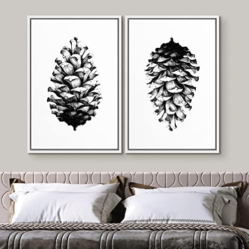 SIGNWIN Framed Canvas Print Wall Art Set Black & White Forest Woodland Pinecone Nature Wilderness Illustrations Modern Art Rustic Relax/Calm for Living Room, Bedroom, Office - 24"" x36 x2 White - Image 3