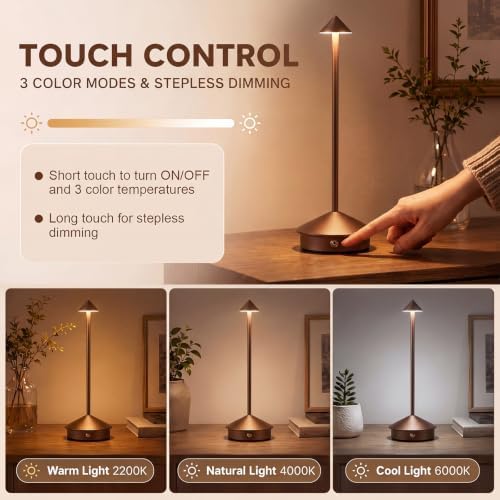 6 Pack Cordless Table Lamp, 3 Color Stepless Dimmable, Brown - Image 3