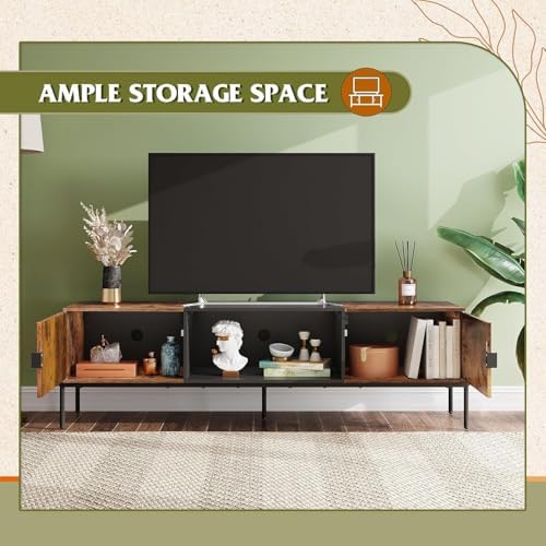 WLIVE 58" TV Stand for 65 Inch TVs, Mid Century Modern Entertainment Center with 2 Storage Cabinets & Open Shelf, Media Console Table with Metal Legs for Living Room, Bedroom, Rustic Brown - Image 6