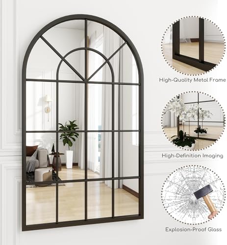 Dewfig Arched Wall Mirror, 42"x30" Metal Frame Windowpane Mirror, Black - Image 6