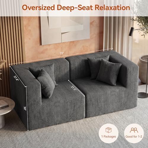 MONVANE 75" Loveseat Sofa, Comfy Chenille Modular Sectional Sofa with 4 Pillows, Modern Deep Seat Boneless Couch, 2 Seater Sofa for Living Room, Bedroom and Apartment, Grey - Image 3