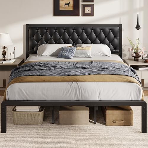 Fluest King Bed Frame with Headboard PU Leather Upholstered Bed Frame Platform,All Metal Slats Support Platform Bed Frame with Storage Space,Easy Assembly,Noise Free,No Box Spring Needed,Black by Fluest