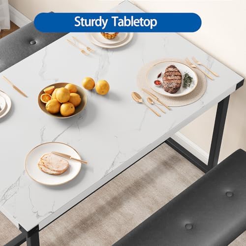 GarveeHome Dining Table Set for 4, Kitchen Table with 2 Upholstered Benches, Wood Kitchen Dining Room Set, for Small Space, Apartment, Home, Dinner, Marble White - Image 5