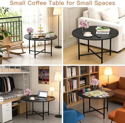 FAMIDGE Coffee Table, 23.6" Round Coffee Table, Black Living Room Tables - Image 5