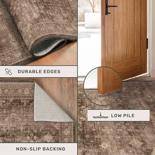 Boho Taupe Brown 2x3 Entryway Rug - Modern Vintage Traditional Eclectic Oriental Neutral, Washable Low Pile Non-Slip Small Throw Area Rugs for Door Mat Indoor Entrance, Kitchen, Bathroom - Image 5