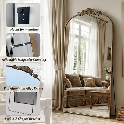 Vintage Full Length Mirror,78"x38" Arched Antique Floor Mirror with Carved Metal Frame,Large Standing Wall Mounted or Leaning Mirror for Bedroom Living Room Entryway,Bronze - Image 3