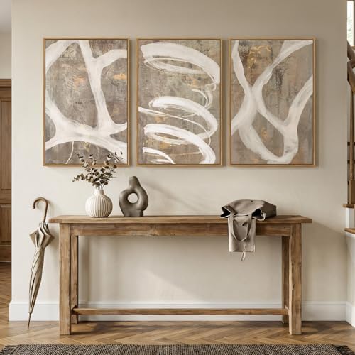 Large Framed Abstract Wall Art, Set of 3, Beige Taupe White, 20x30 In - Image 4