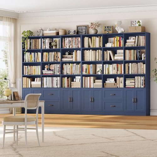 HOSTACK 71" Tall Triple Wide Bookshelf with Storage Drawers & Doors, Blue - Image 2