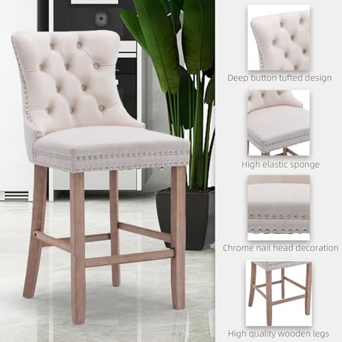 SoarFlash Modern Velvet Upholstered Bar Stools Set of 2 with Wood Legs, Button Tufted,Chrome Nailhead, Counterstool Seat, Armless Bar Chairs (Beige) - Image 6