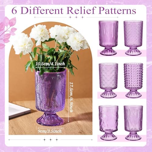 6 Pcs (H:7"W:4") Embossed Flower Vase Pedestal Glass Vase, Purple - Image 2