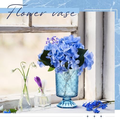 6 Pcs (H:7" W:4") Embossed Flower Vase Pedestal Glass Vase, Blue - Image 5