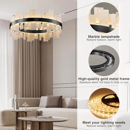 Alabaster Round Chandelier,Adjustable 31.5in Modern Luxury Round Fixture with Organic Veins, Dimmable Warm Glow - Spanish Natural Stone Linear Chandelier for Living Room, Bedroom, Foyer,Dining Room - Image 4